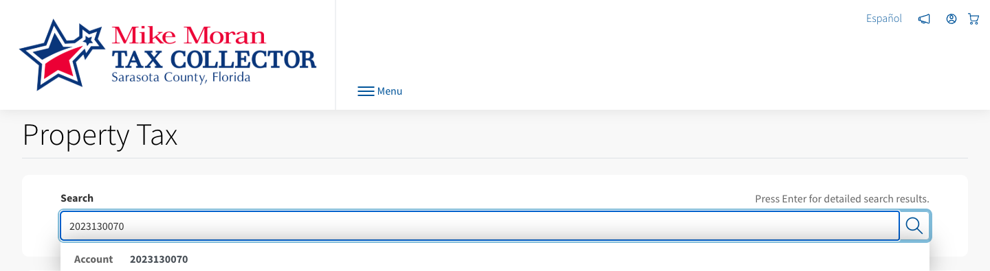 Search field containing 2023130070 and the Account 2023130070 suggestion.