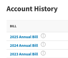 Account History BILL column showing 2025, 2024 and 2023 Annual Bill.